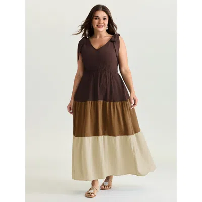 Bloomchic Women's Plus Size Colorblock Shoulder-tie Tiered Maxi Dress Darkbrown Color Block Longline Vacation  In Brown