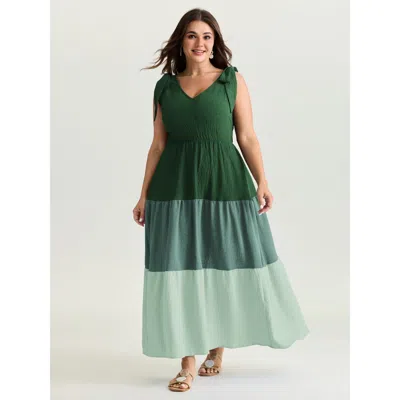 Bloomchic Women's Plus Size Colorblock Shoulder-tie Tiered Maxi Dress Darkgreen Color Block Longline Vacation  In Green