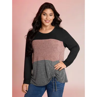 Bloomchic Women's Plus Size Colorblock Side Drawstring T-shirt Multicolor Non Casual Long Sleeve 10/m
