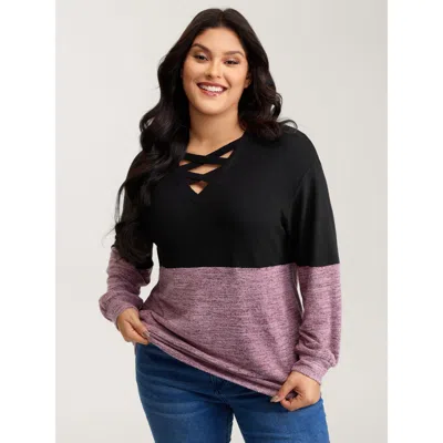 Bloomchic Women's Plus Size Colorblock Spliced Cross-tie Sweatshirt Black Casual V-neck 10/m
