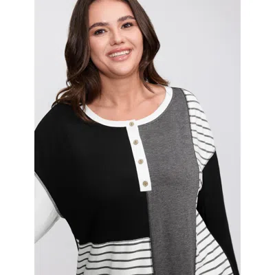 Bloomchic Women's Plus Size Colorblock Stretchy Stripe Print T-shirt Black Non Casual Extra Long Sleeve 10/m