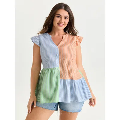 Bloomchic Women's Plus Size Colorblock Striped Print Flutter Sleeve Blouse Multicolor Stripes Casual Cap Sleev