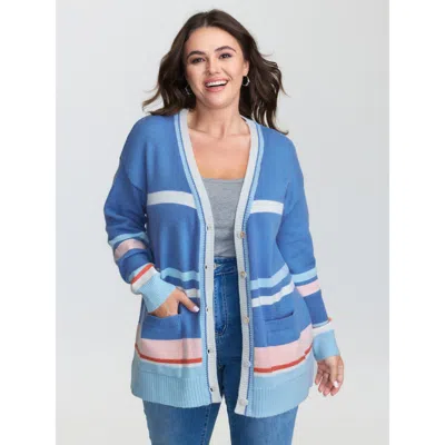 Bloomchic Women's Plus Size Colorblock Super Stretchy Pockets Knit Cardigan Multicolor Long Sleeve V-neck 10/m