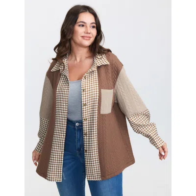 Bloomchic Women's Plus Size Colorblock Textured Pocket Button Jacket Bronze Colorblock A-line 14-16/1x In Brown