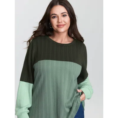 Bloomchic Women's Plus Size Colorblock Textured Round Neck Sweatshirt Armygreen Not Graphics Casual Round Neck