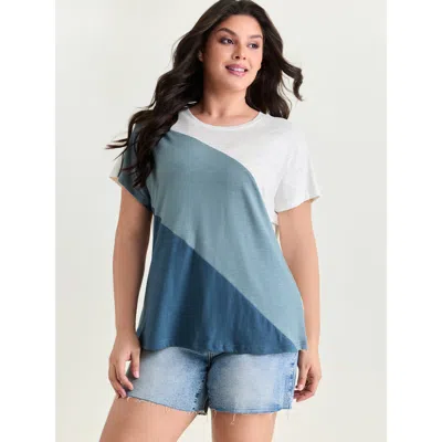 Bloomchic Women's Plus Size Colorblock Textured Round Neck T-shirt Lightblue Color Block Casual Short Sleeve R In Blue