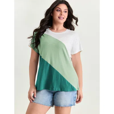 Bloomchic Women's Plus Size Colorblock Textured Round Neck T-shirt Mint Color Block Casual Short Sleeve Round  In Green