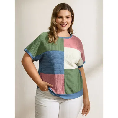 Bloomchic Women's Plus Size Colorblock Textured Round Neck T-shirt Multicolor Geometric Casual Short Sleeve 10