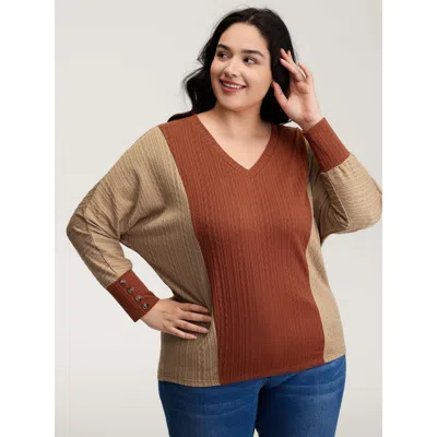 Bloomchic Women's Plus Size Colorblock Textured V-neck T-shirt Lightbrown Geometric Casual Long Sleeve 10/m In Brown