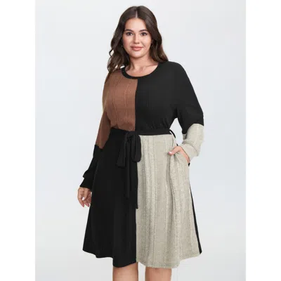 Bloomchic Women's Plus Size Colorblock Textured Waist-tie Pockets Midi Dress Multicolor Color Block Mini Casua