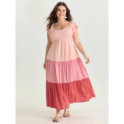 Bloomchic Women's Plus Size Colorblock Tiered Ruffled Sleeve Maxi Dress Blush Color Block Maxi Vacation Colorb In Pink