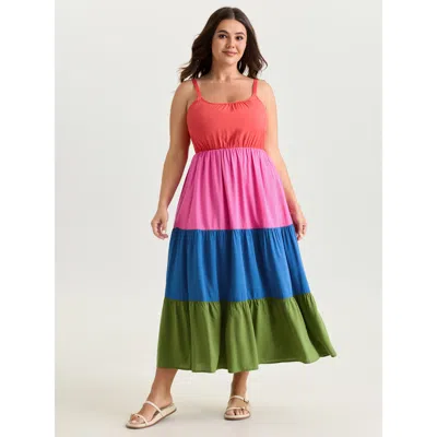 Bloomchic Women's Plus Size Colorblock Tiered Scoop Neck Maxi Dress Multicolor Color Block Longline Casual 12/