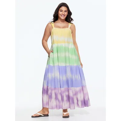 Bloomchic Women's Plus Size Colorblock Tiered Wide-straps Maxi Dress Multicolor Tie-dye Maxi Casual Colorblock