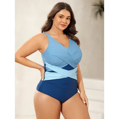 Bloomchic Women's Plus Size Color-block Twist Front One-piece Swimsuit Aegean Geometric Twist Adaptive-fit 30/ In Blue