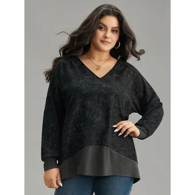 Bloomchic Women's Plus Size Colorblock Waffle Knit Patchwork T-shirt Dimgray Dailywear Long Sleeve 10/m