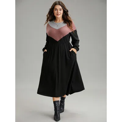 Bloomchic Women's Plus Size Colorblock Waffle Knit Pocket Drop Shoulder Dress Black Dailywear Waffle Knit 10/m