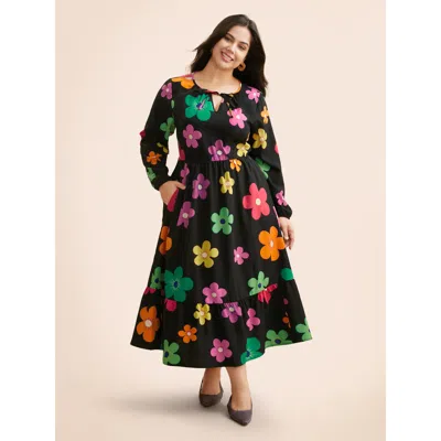 Bloomchic Women's Plus Size Colored Floral Tie Knot Midi Dress Black Floral Midi Everyday Tie Knot 14-16/1x