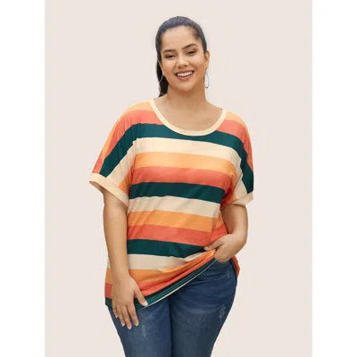 Bloomchic Women's Plus Size Colored Striped Crew Neck Batwing Sleeve T-shirt Multicolor Stripes Everyday Short
