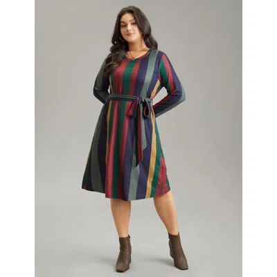 Bloomchic Women's Plus Size Colored Striped Pocket Belted Long Sleeve Dress Multicolor Dailywear Belted 14-16/