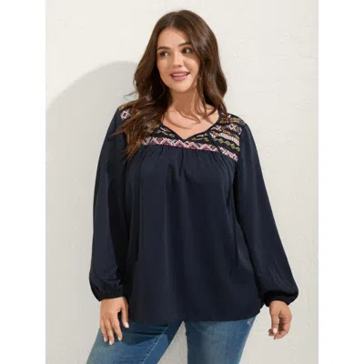 Bloomchic Women's Plus Size Colorful Boho Neck-tie Puffy Sleeve Blouse Midnight Non Vacation Long Sleeve 22-24 In Blue