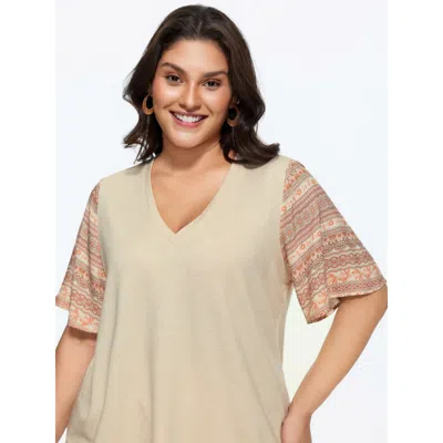 Bloomchic Women's Plus Size Colorful Boho Sleeve V-neck Blouse Apricot Vacation Short Sleeve 12/l In Orange
