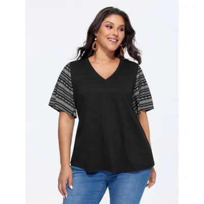 Bloomchic Women's Plus Size Colorful Boho Sleeve V-neck Blouse Blackflower Vacation Short Sleeve 18-20/2x