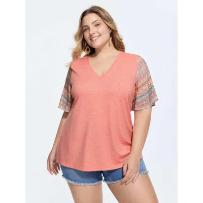 Bloomchic Women's Plus Size Colorful Boho Sleeve V-neck Blouse Salmon Vacation Short Sleeve 10/m In Pink