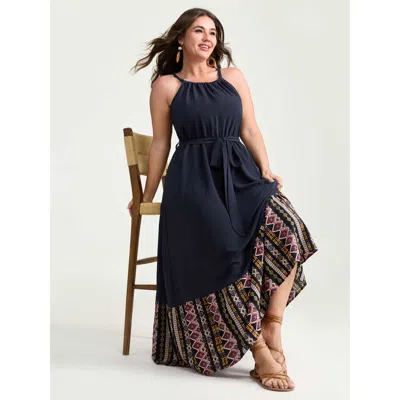 Bloomchic Women's Plus Size Colorful Boho Striped Hem Halter Neck Maxi Dress Indigo Non Maxi Vacation Belted 2 In Purple