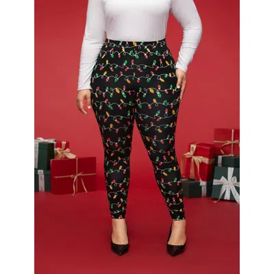 Bloomchic Women's Plus Size Colorful Bulb Print Festive Leggings Black High Stretch Skinny Fit Mid Rise Casual