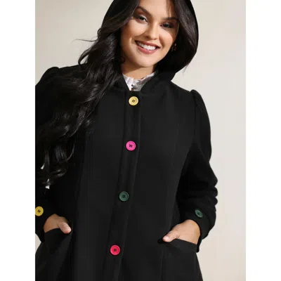 Bloomchic Women's Plus Size Colorful Buttons Hooded Pocket Coat Black Button Front Fit & Flare 10/m