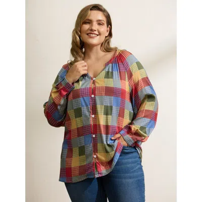 Bloomchic Women's Plus Size Colorful Check Print Button Relaxed-fit Blouse Multicolor Plaid Casual Long Sleeve