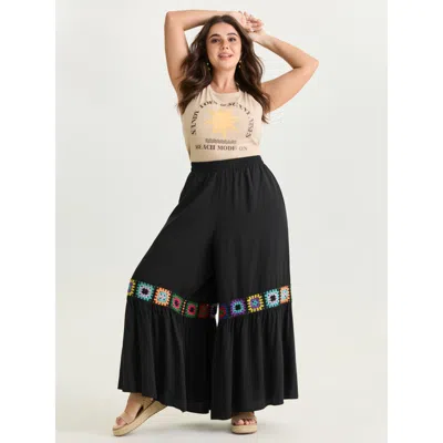 Bloomchic Women's Plus Size Colorful Crochet Floral Flared Pants Black Wide Leg High Rise Vacation 10/m