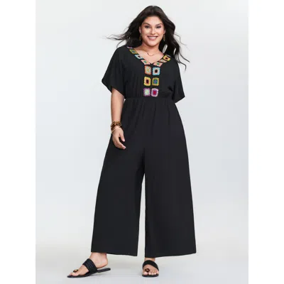 Bloomchic Women's Plus Size Colorful Crochet Neckline Plain Jumpsuit Black Vacation 22-24/3x