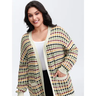 Bloomchic Women's Plus Size Colorful Dots Open-front Pockets Knit Cardigan Ivory Long Sleeve 10/m In White