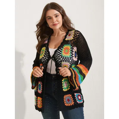 Bloomchic Women's Plus Size Colorful Floral Crochet Tie Knit Cardigan Black Long Sleeve Tie-neck 12/l