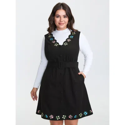 Bloomchic Women's Plus Size Colorful Floral Embroidered Neckline Midi Dress Black Synthetic Texture Short Casu