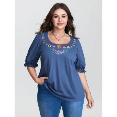 Bloomchic Women's Plus Size Colorful Floral Embroidered Neckline T-shirt Mediumblue Botanical Vacation Short S
