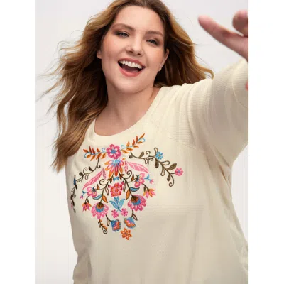 Bloomchic Women's Plus Size Colorful Floral Embroidery Anti-abrasion Collar Sweatshirt Beige Casual 12/l In Sand