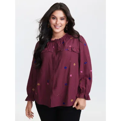 Bloomchic Women's Plus Size Colorful Floral Embroidery Button Shirt Crimson Elegant Long Sleeve 12/l In Red