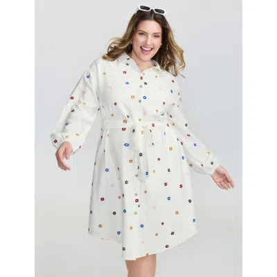 Bloomchic Women's Plus Size Colorful Floral Embroidery Pockets Midi Dress Whitesmoke Floral Midi Casual Textur