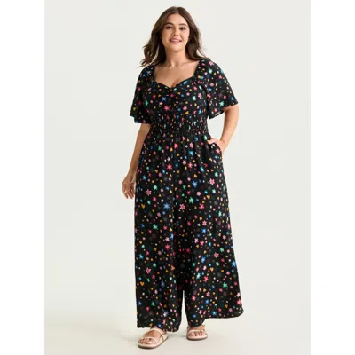 Bloomchic Women's Plus Size Colorful Floral Heart Print Cinched-waist Jumpsuit Black Casual 18-20/2x