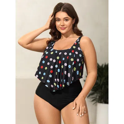 Bloomchic Women's Plus Size Colorful Floral Layered One-piece Swimsuit Black Floral Colorblock Adaptive-fit 30