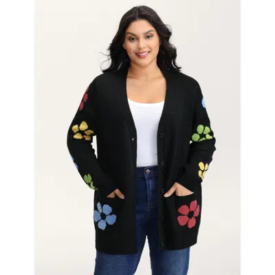 Bloomchic Women's Plus Size Colorful Floral Pattern Button Knit Cardigan Black Long Sleeve 18-20/2x