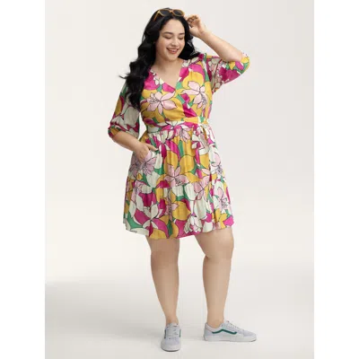 Bloomchic Women's Plus Size Colorful Floral Print Belted Pockets Midi Dress Multicolor Floral Knee Casual 30/6