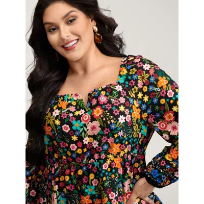 Bloomchic Women's Plus Size Colorful Floral Print Cinched-flared Blouse Blackflower Floral Casual Extra Long S