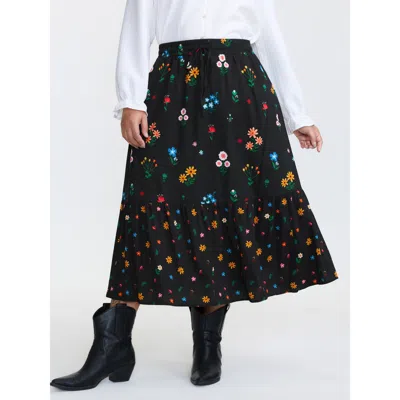 Bloomchic Women's Plus Size Colorful Floral Print Drawstring Midi Skirt Blackflower Tiered A-line Casual 10/m