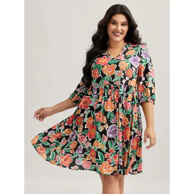 Bloomchic Women's Plus Size Colorful Floral Print Pockets Knee-length Dress Multicolor Floral Short Casual Fri