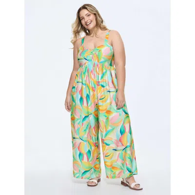 Bloomchic Women's Plus Size Colorful Floral Print Ruched Jumpsuit Arctic Casual 12/l In White