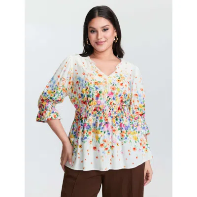 Bloomchic Women's Plus Size Colorful Floral Print Shirred Bodice Blouse Ivory Ditsy Floral Elegant 3/4 Sleeve  In White