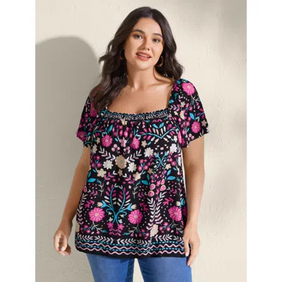 Bloomchic Women's Plus Size Colorful Floral Print Shirred Neck Blouse Black Floral Vacation Short Sleeve 12/l